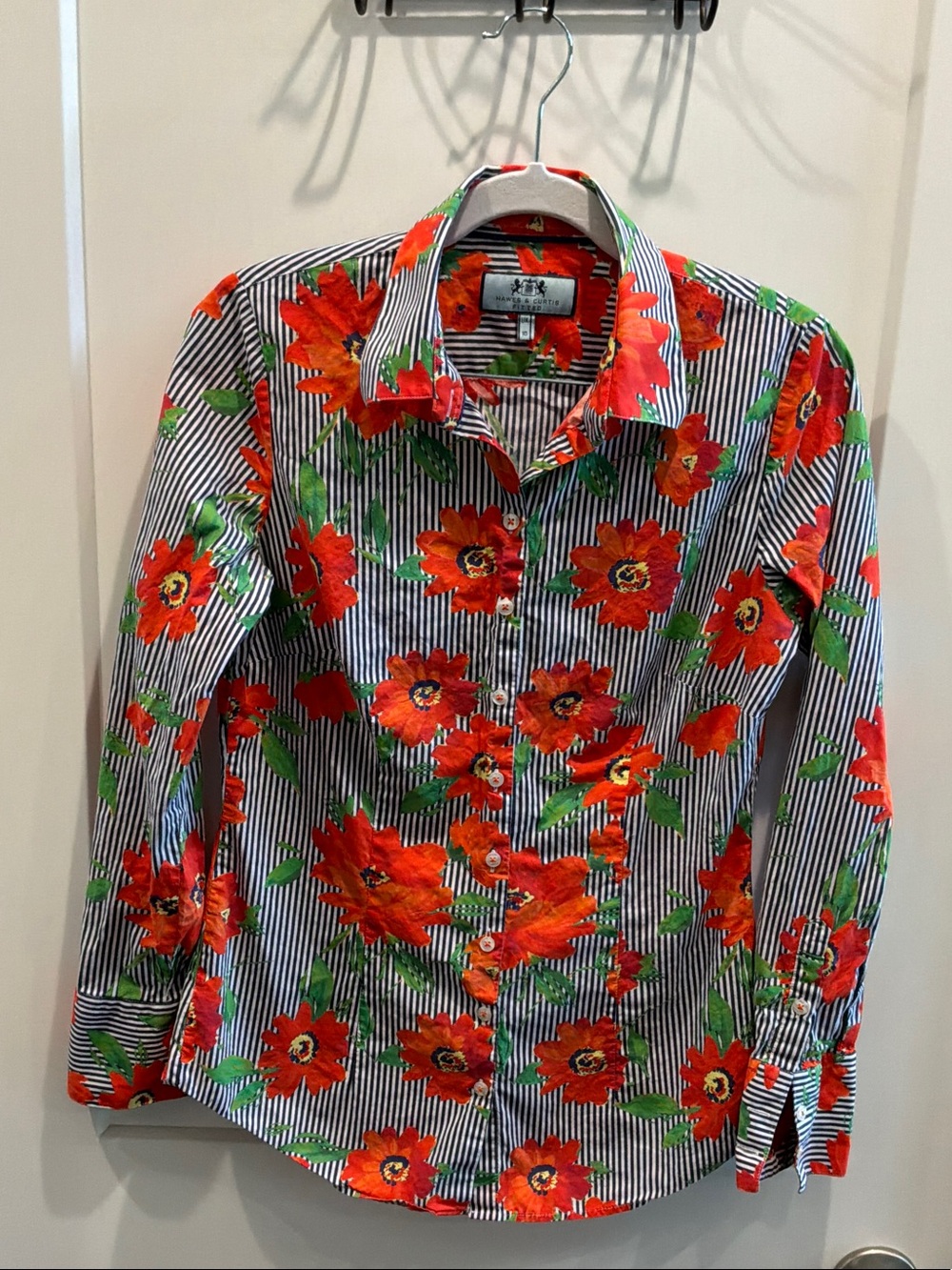 Hawes & Curtis Women UK 10 Floral Fitted Stripe Button-Up Shirt Red & Green